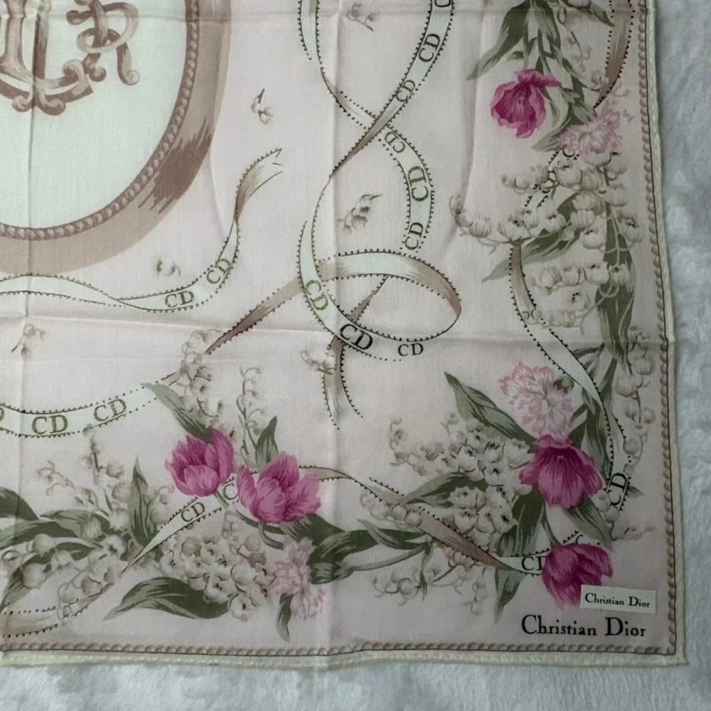 Vtg CHRISTIAN DIOR Scarf Handkerchief Floral Logo Cotton Pink 19